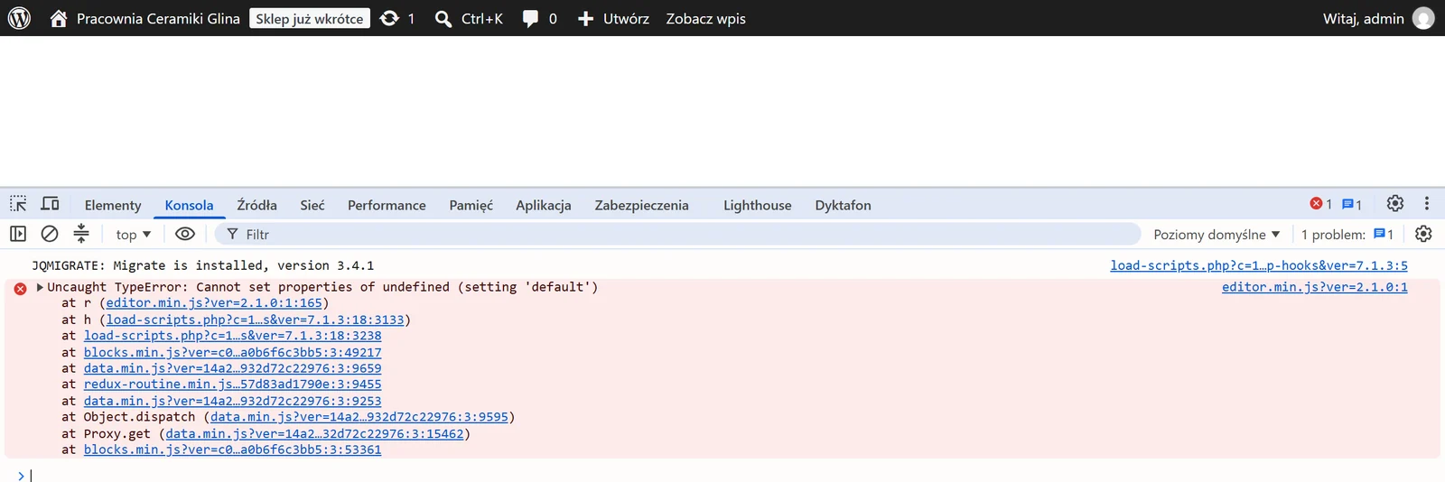 Pusty edytor blokowy WordPressa i konsola narzędzi deweloperskich Chrome z błędem Uncaught TypeError w pliku editor.min.js wtyczki